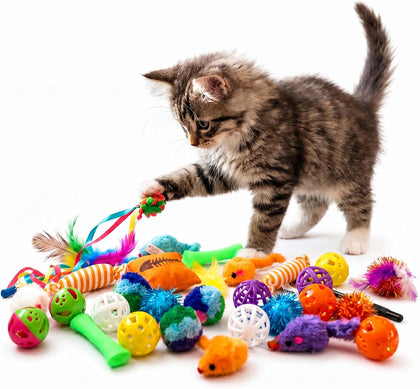 60 Interactive Cat Toys for Indoor Cats & Kittens – Crinkle Balls, Sparkle Pom Pom Balls, Spiral Springs, Cat Mice