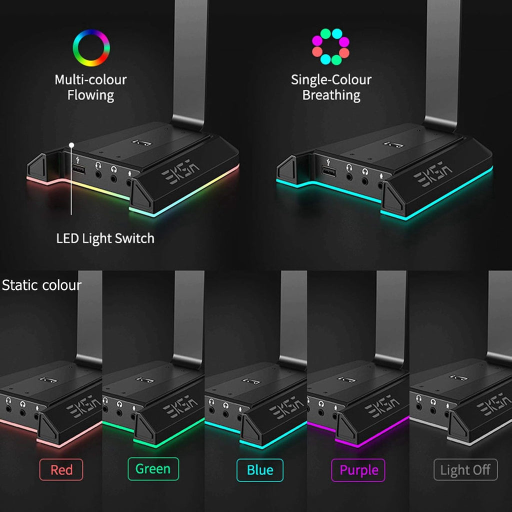Headphone Stand, RGB Gaming Headset Stand for Desk with 7.1 Surround Sound, Headphone Holder with 3.5mm Aux and 2 USB