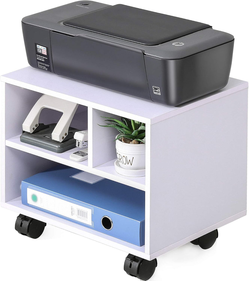 Printer Stand Under Desk, Small Wood Mobile Printer Table, White | Work Cart on Removable Casters, with 3 Storage