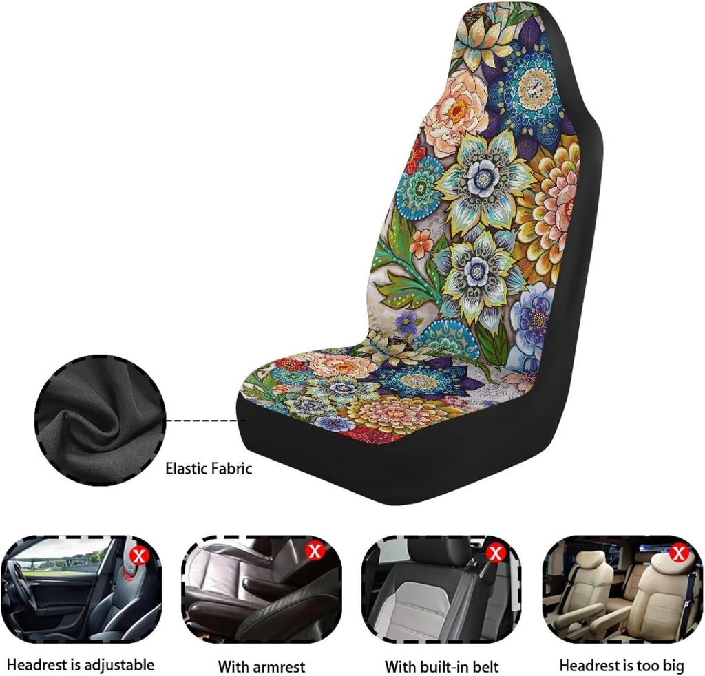 Boho Floral Front Car Seat Covers Set of 2 for Women, Universal Fit Bucket Seat Protectors for Cars, SUVs, Sedans and