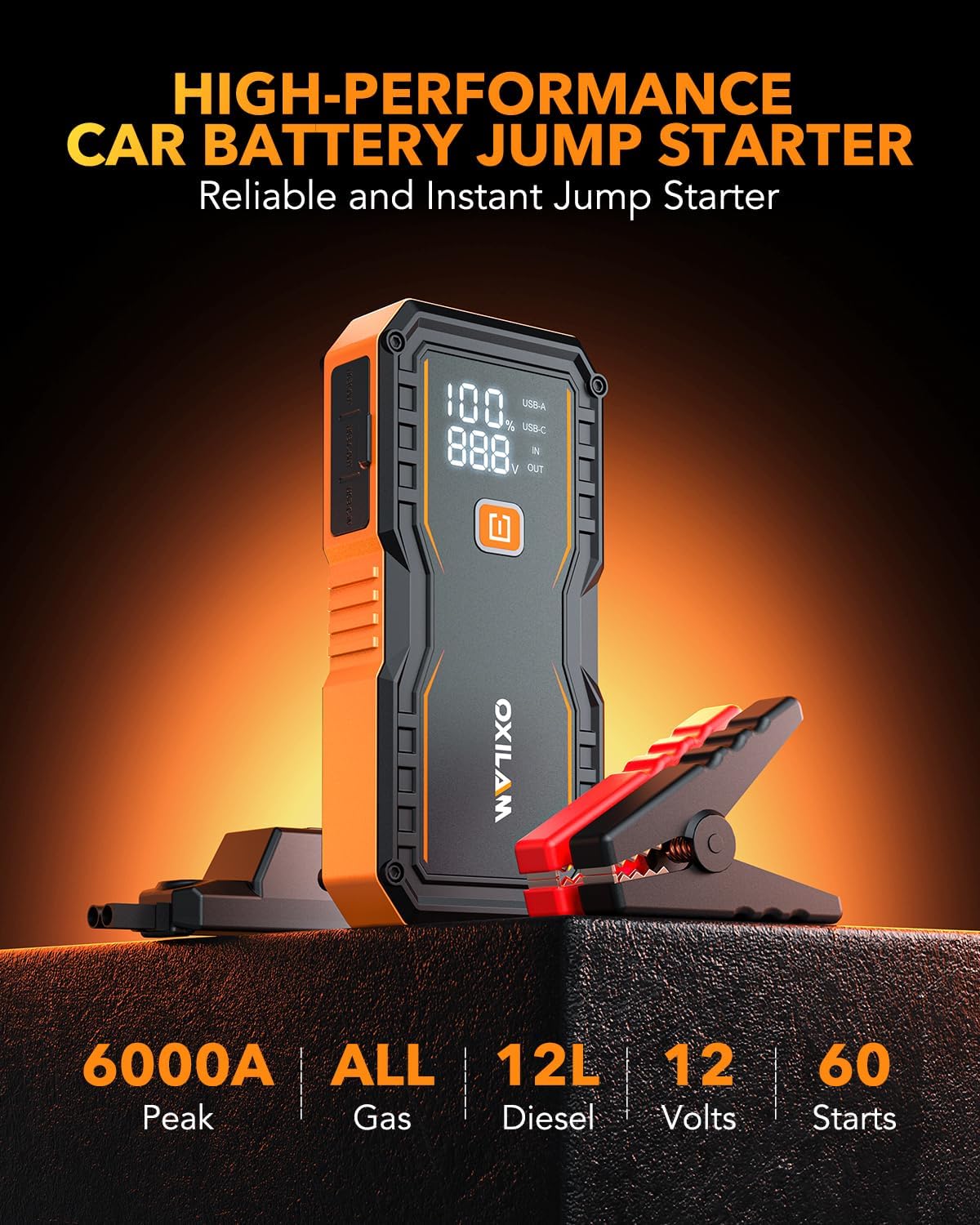 Jump Starter 6000A for All Gas/12L Diesel, Car Battery Jumper Starter Portable, 12V Lithium Jump Box with Jumper