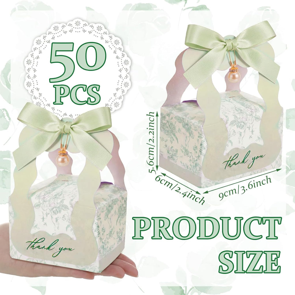 50 Sets Floral Wedding Favor Boxes with Pearl Pendant Bow, Green