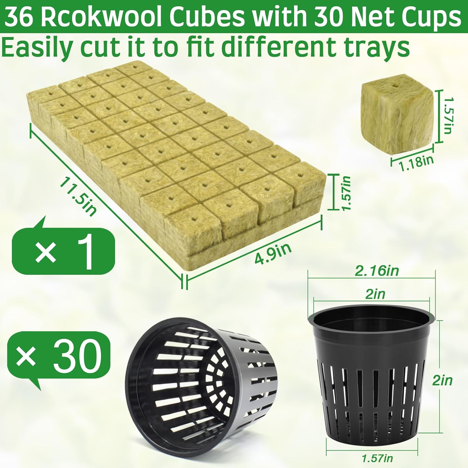 36PCS 1.2" Rockwool Cubes & 30PCS 2" Net Cups for Hydroponics | Rockwool Garden Starter Plugs, Hydroponics Kit for