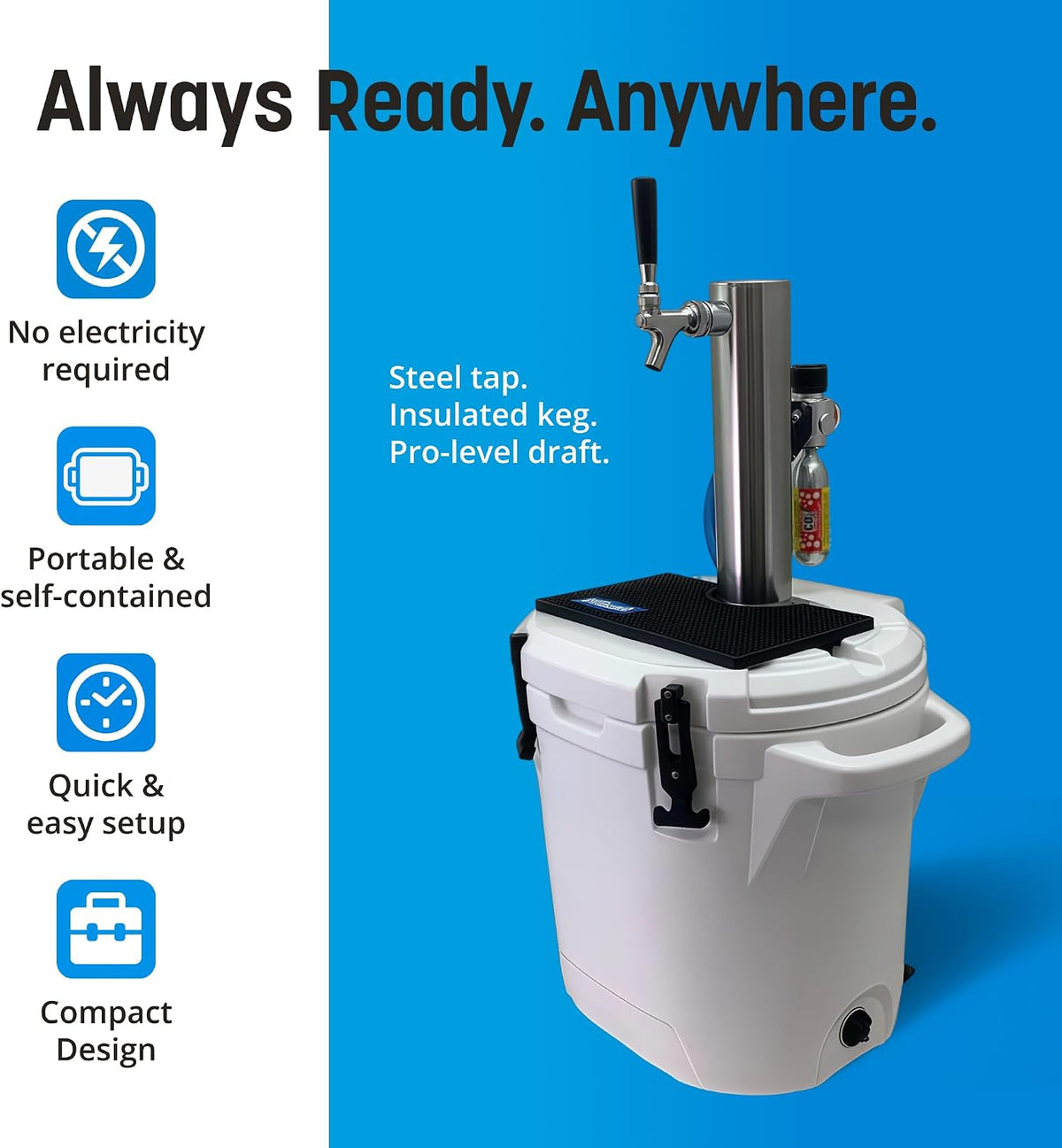 ColdOne Non-Electric Portable Kegerator, 2 Gallon Refillable Keg for Craft Beverages, CO2 Regulator with Stainless