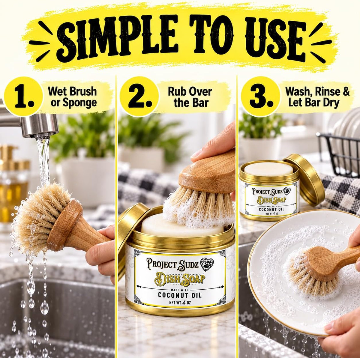 Solid Dish Soap | Plastic-Free Eco-Friendly Dishwashing Block | Made with Coconut Oil | 4 oz Reusable Tin | Zero