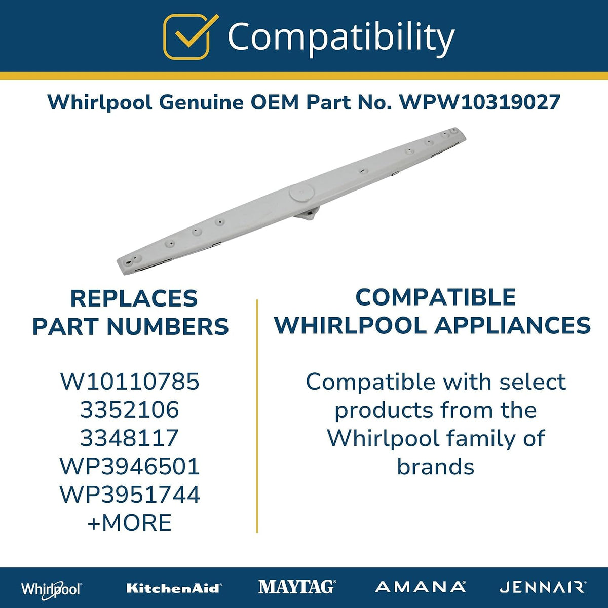 WPW10319027 Dishwasher Lower Wash Arm Replacement for Whirlpool, Kenmore, KitchenAid, Maytag - Replaces ADB1400AGW