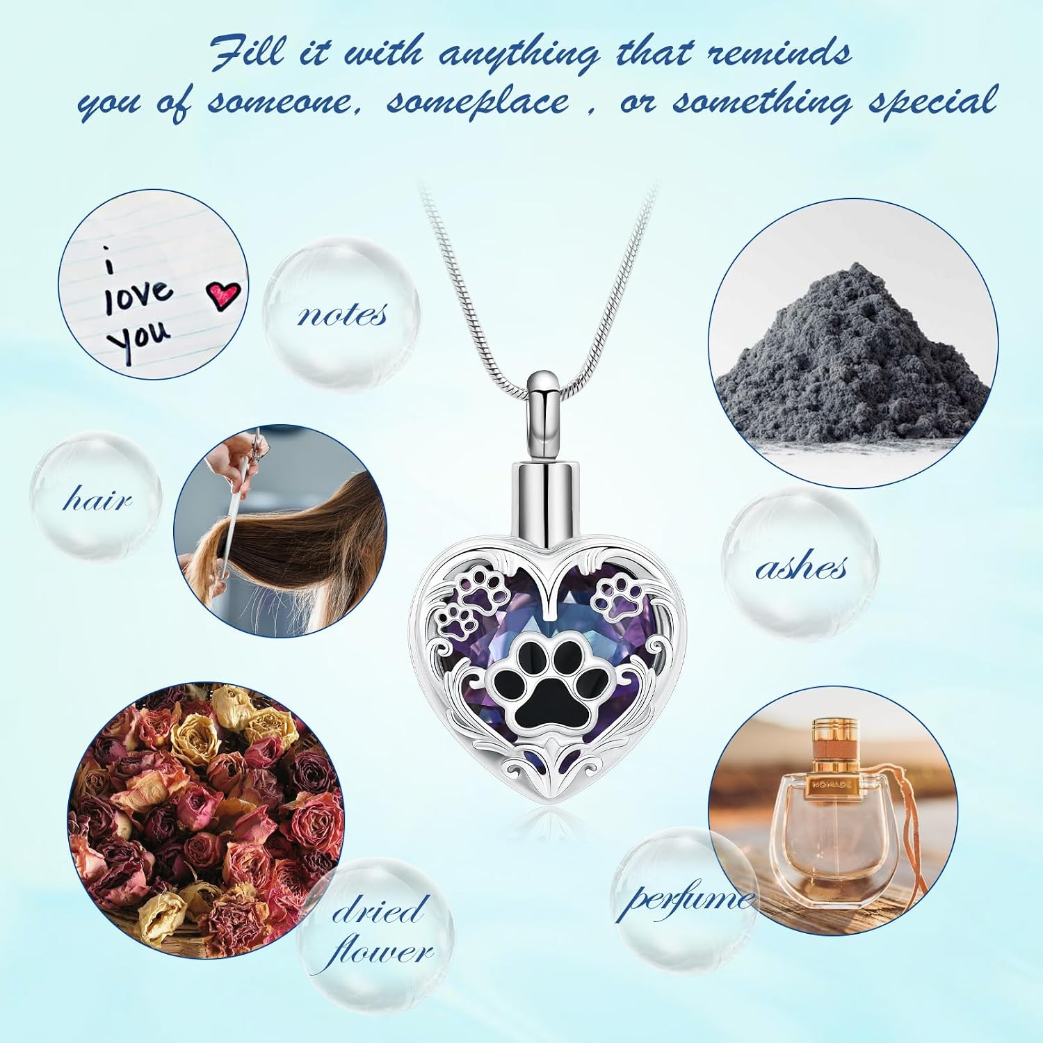 Heart Urn Necklace For Ashes Birthstone Pet Memorial Jewelry Dog Paw Print Cremation Pendant Stainless Steel Keepsake