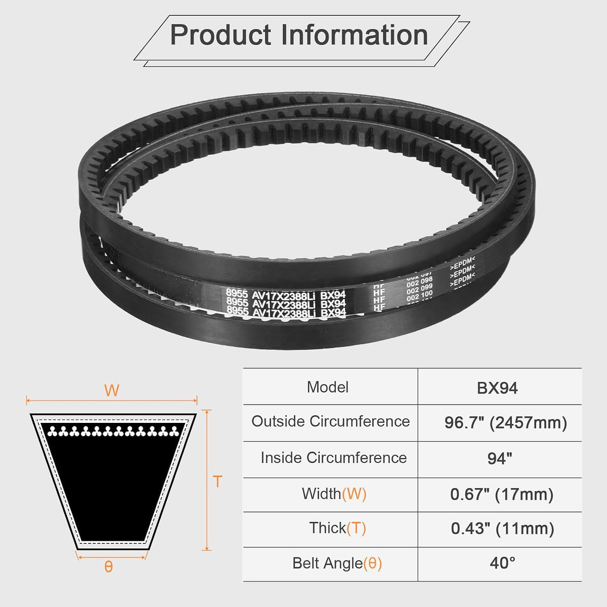uxcell BX94 EPDM V-Belt, Raw Edge Cogged Industrial Rubber V Belt 0.67" Width x 94" Inside Circumference