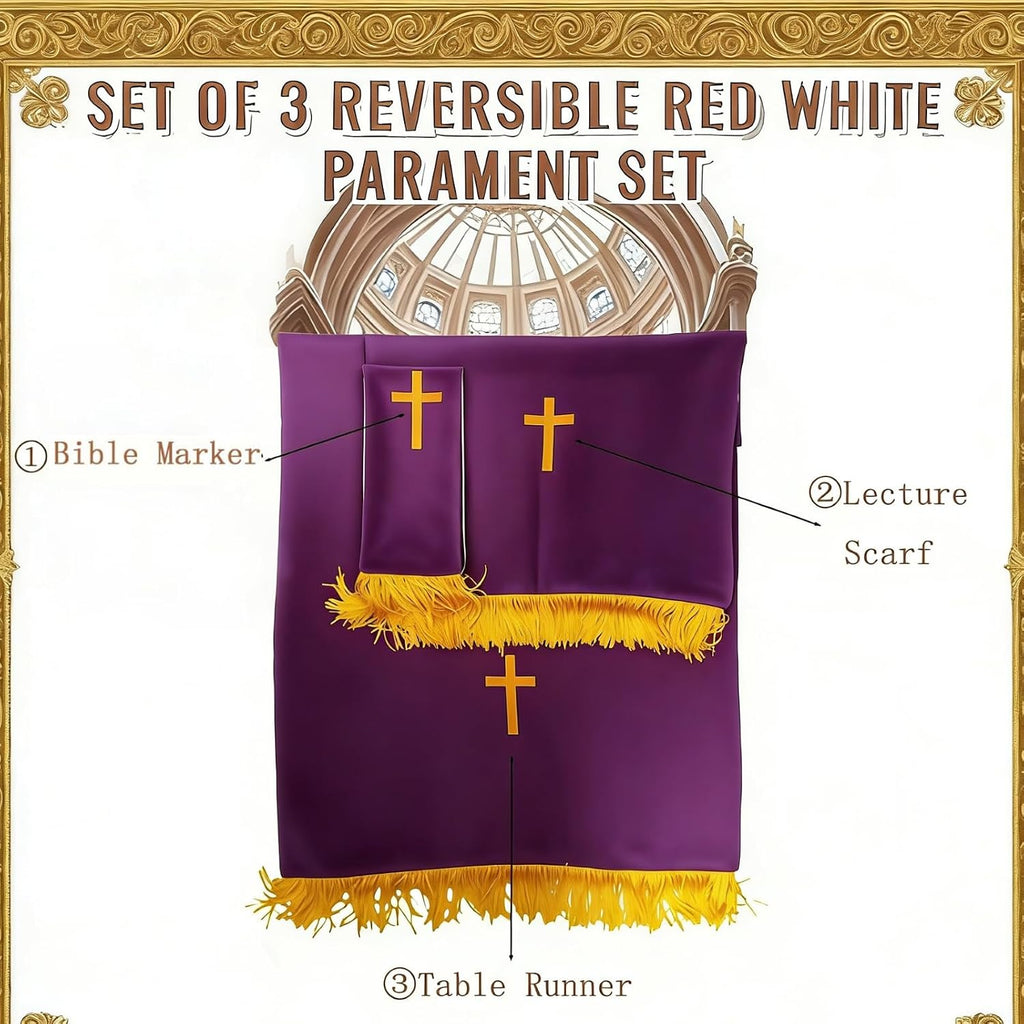 Set of 3 Reversible Parament Set,Pulpit Scarf and Communion Table Runner Bible Bookmark with Embroidered Cross Church