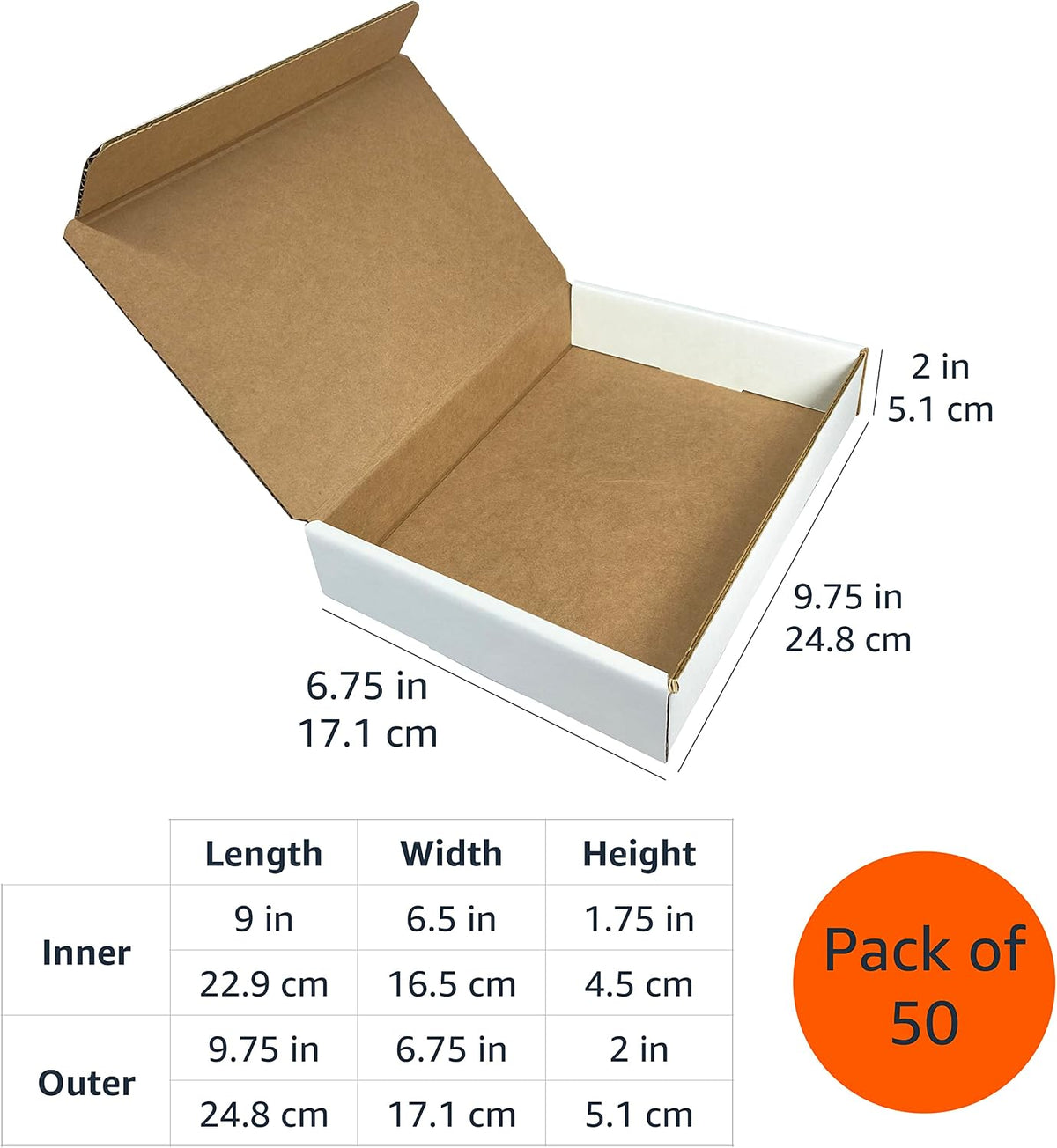 White Mailing Boxes, 50 Pack, 9" x 6.5" x 1.75"