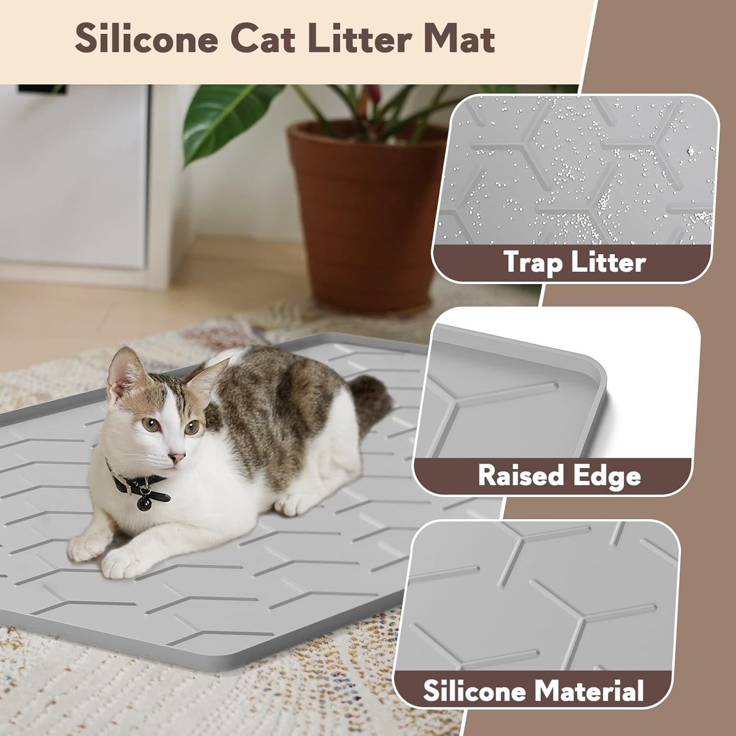 Cat Mat for Litter Box, Large 34.05×22.5 inch Cat Litter Mat, Waterproof Silicone Pad for Floor, Gray