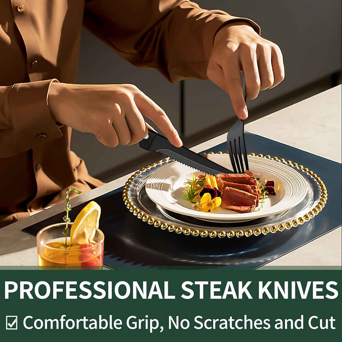 24-Piece Black Silverware Set with Steak Knives, Black Flatware Set for 4, Food-Grade Stainless Steel Tableware