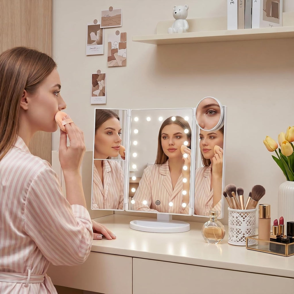 Makeup Mirror, Vanity Mirror with Lights, 2X/3X/10X Magnification, Touch Control, Trifold, Dual Power Supply