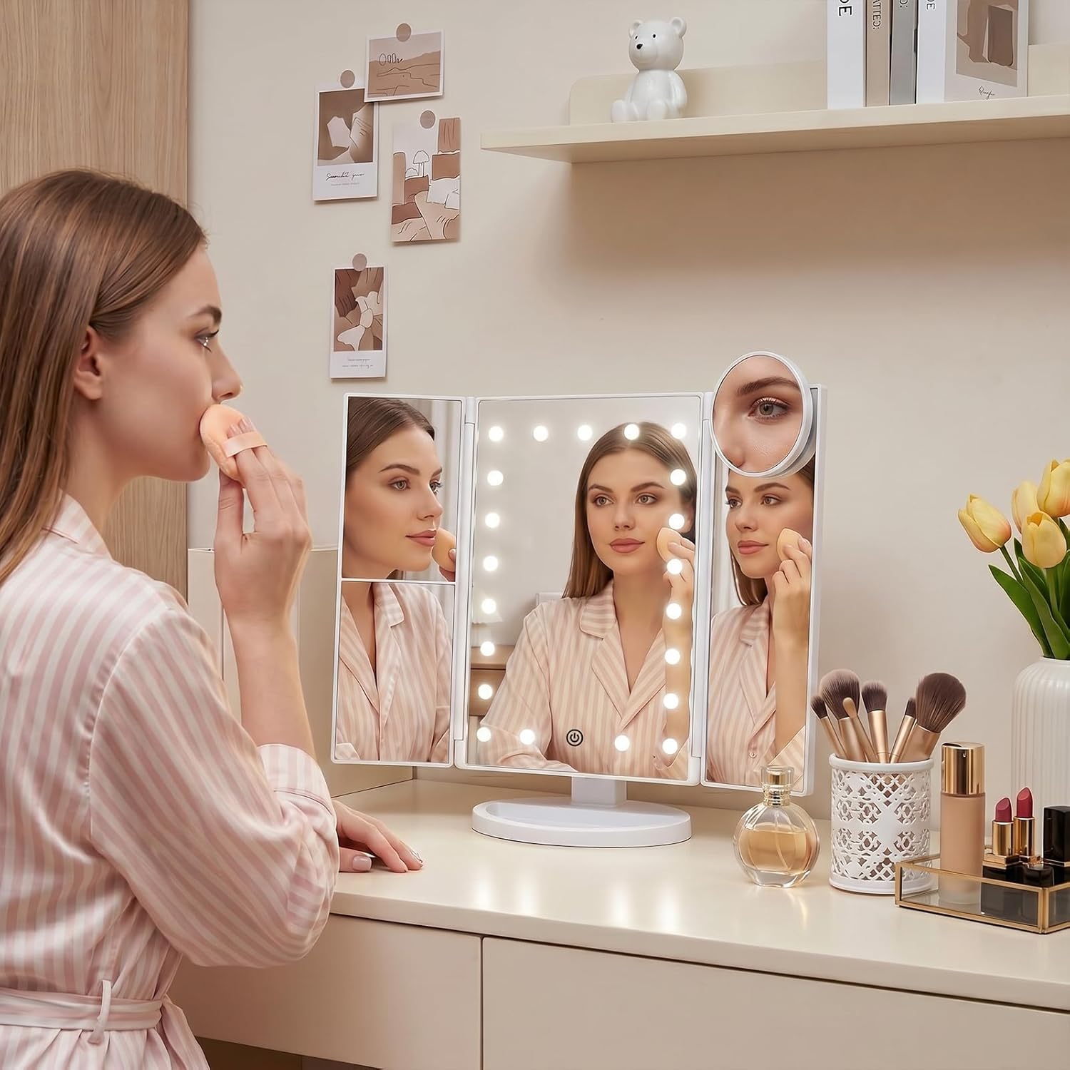 Makeup Mirror, Vanity Mirror with Lights, 2X/3X/10X Magnification, Touch Control, Trifold, Dual Power Supply