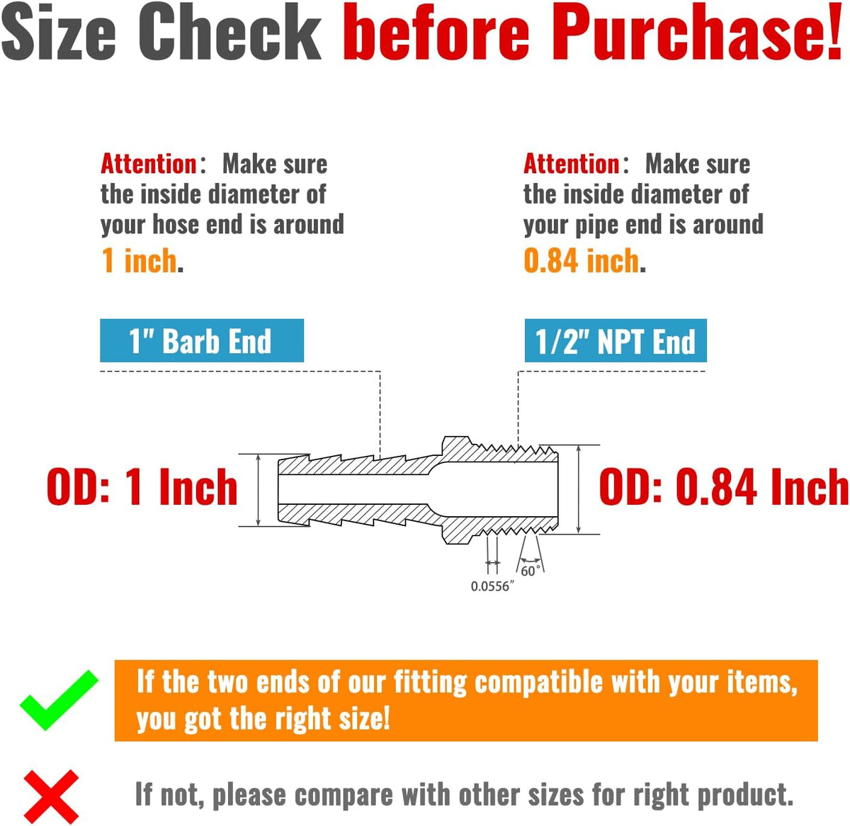 SUNGATOR 1/2" NPT to 1" Barb, Hose Barb Fitting, Air Hose Fitting, 2-PCS