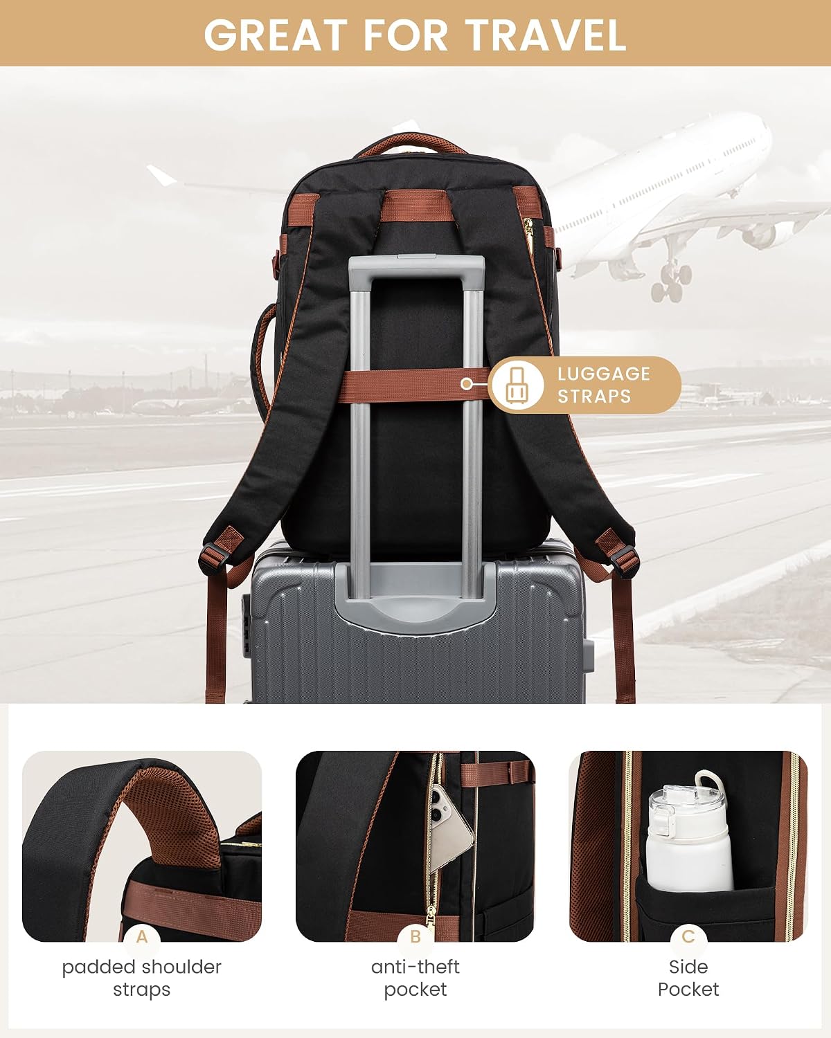 Travel Backpack for Women, 40L Airline Approved Carry On Backpack Luggage with 3 Packing Cubes, TSA Personal Item