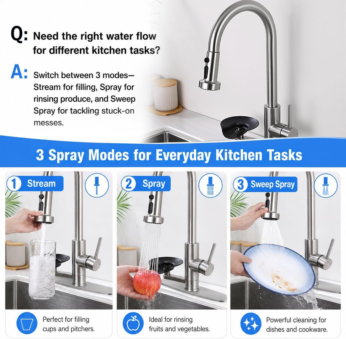 Pull Down Kitchen Faucet with Glass Rinser, 3 Spray Modes, Brushed Nickel