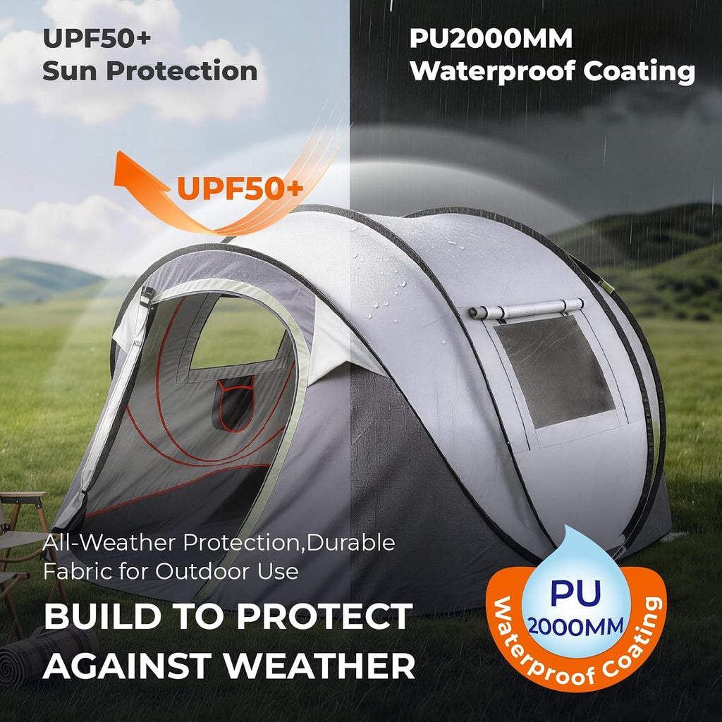 4 Person Instant Pop Up Camping Tent,Waterproof Automatic Setup with 2 Doors,Vestibule & Porch,Large Family Tent for