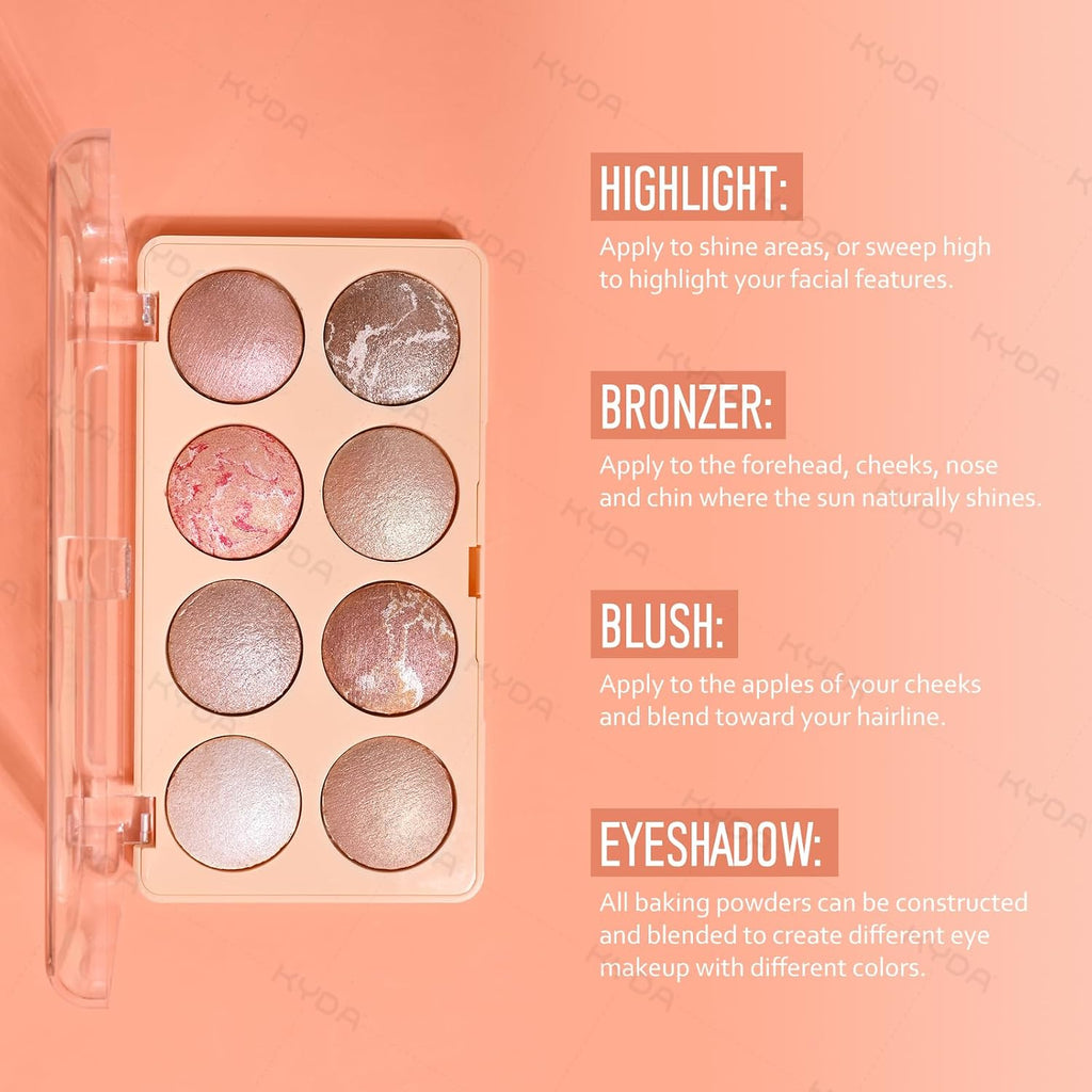 8 Colors Baked Powder Palette, Mulitiuse Baked Powder for Eyeshadow Highlighter Contour, Lightweight Blendable