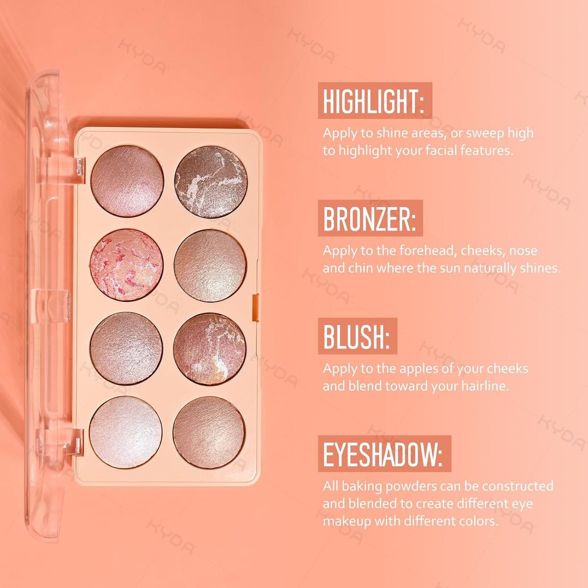 8 Colors Baked Powder Palette, Mulitiuse Baked Powder for Eyeshadow Highlighter Contour, Lightweight Blendable