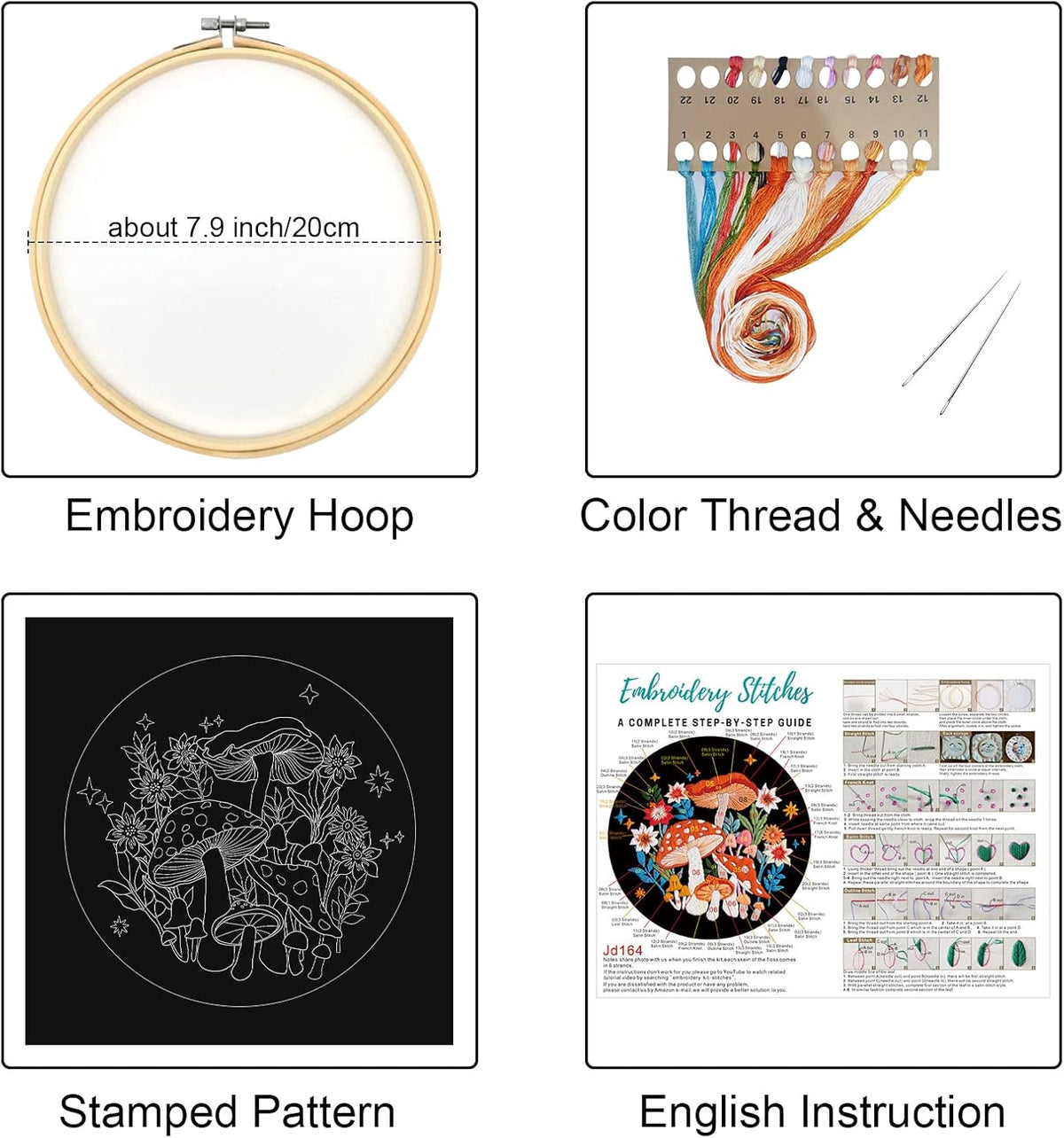 Mushroom Embroidery Kit for Beginners, DIY Adults Needlepoint | All-In-One Cross Stitch Kits with Hoop and Threads.