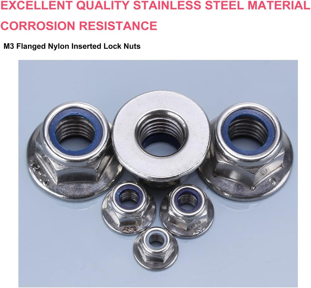 cSeao 50pcs M3 x 0.5mm Flanged Nylon Inserted Lock Nuts 304 Stainless Steel A2-70