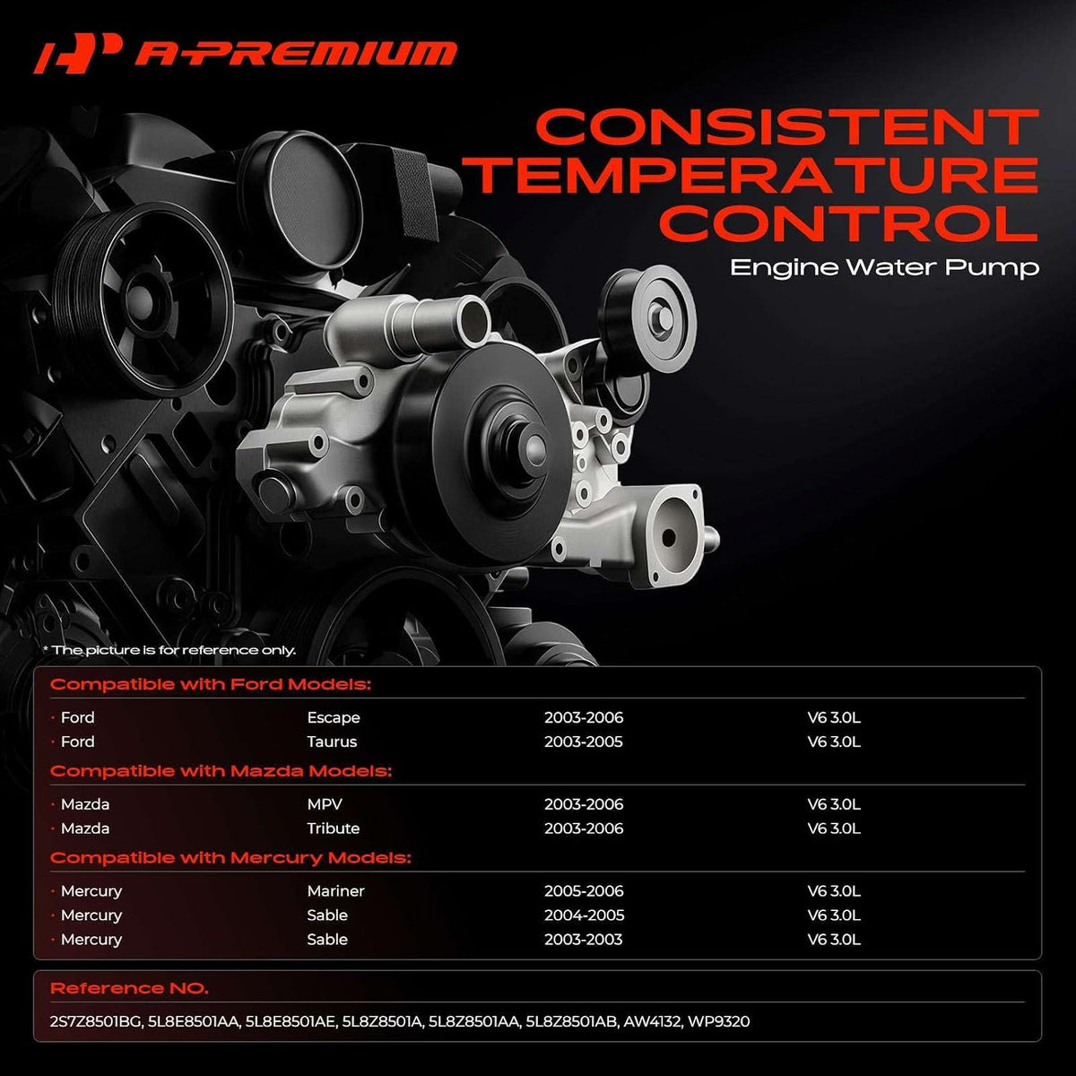 A-Premium Engine Water Pump (3.0L) Compatible with Ford, Mazda, Mercury