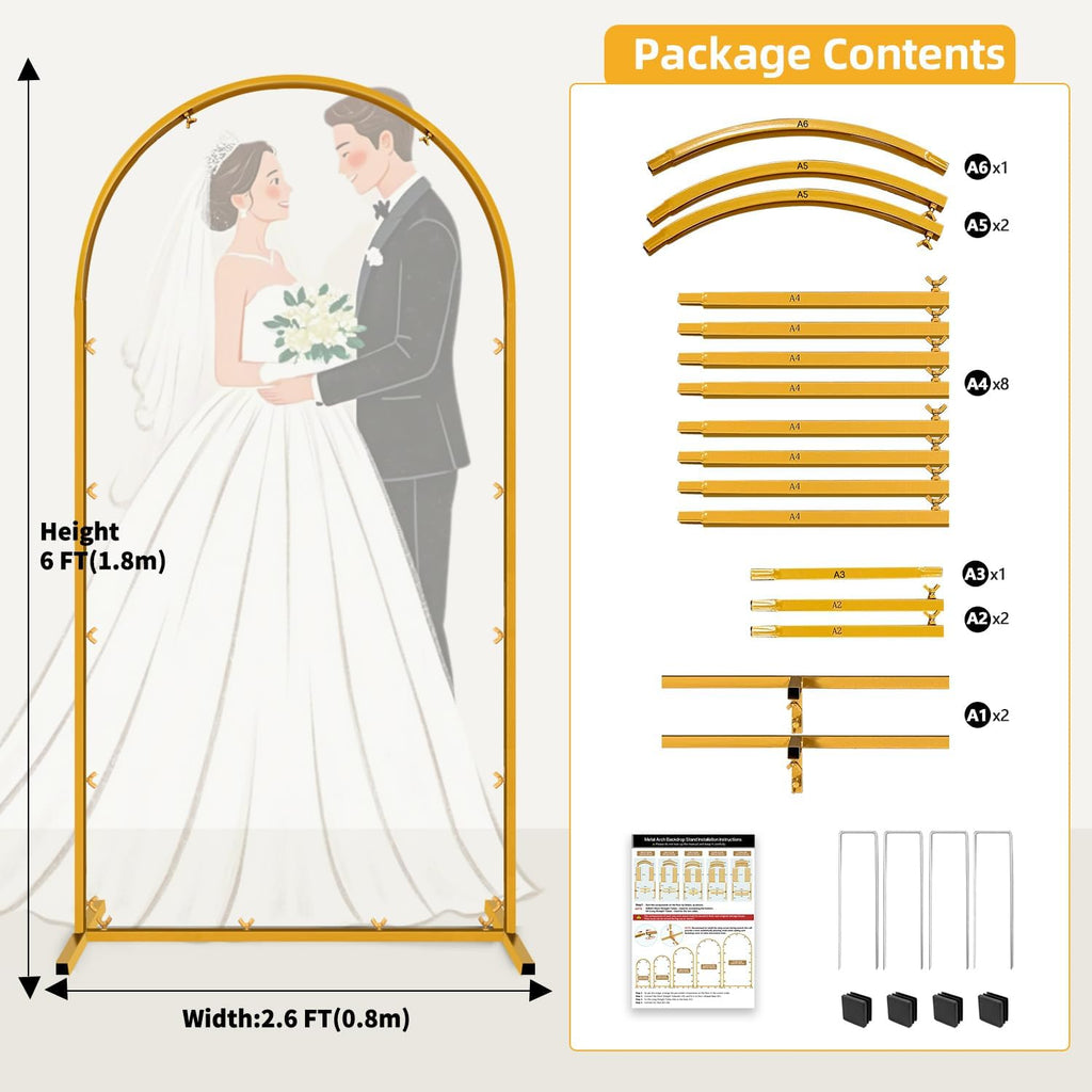 6 FT Wedding Arch Frame Backdrop Stand for Party, Balloon Arch Stand, Wedding Arches for Ceremony, Metal Gold Arch