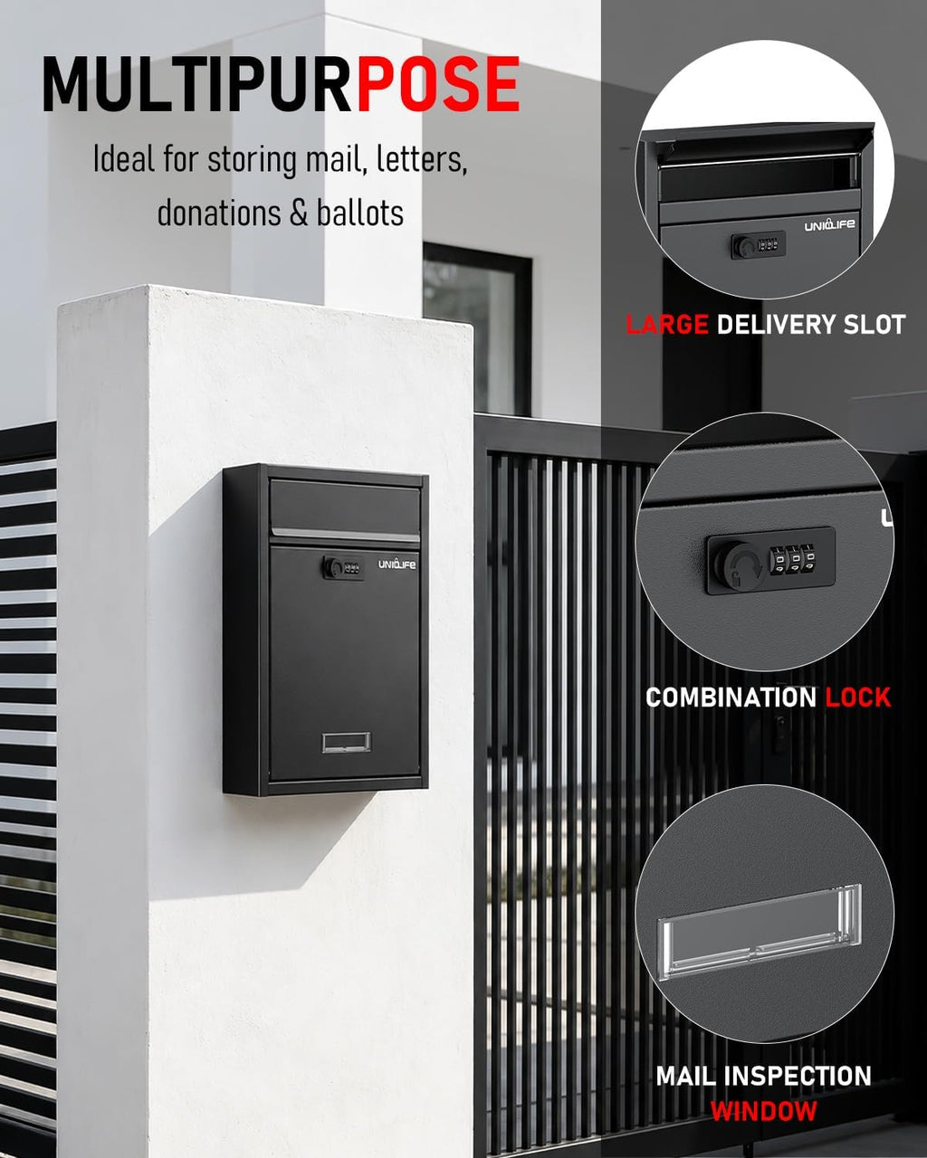 Wall Mount Mailbox for Outside, Large Locking Mailbox, Black | Security Mail Box with Combination Lock, Safe Key Drop