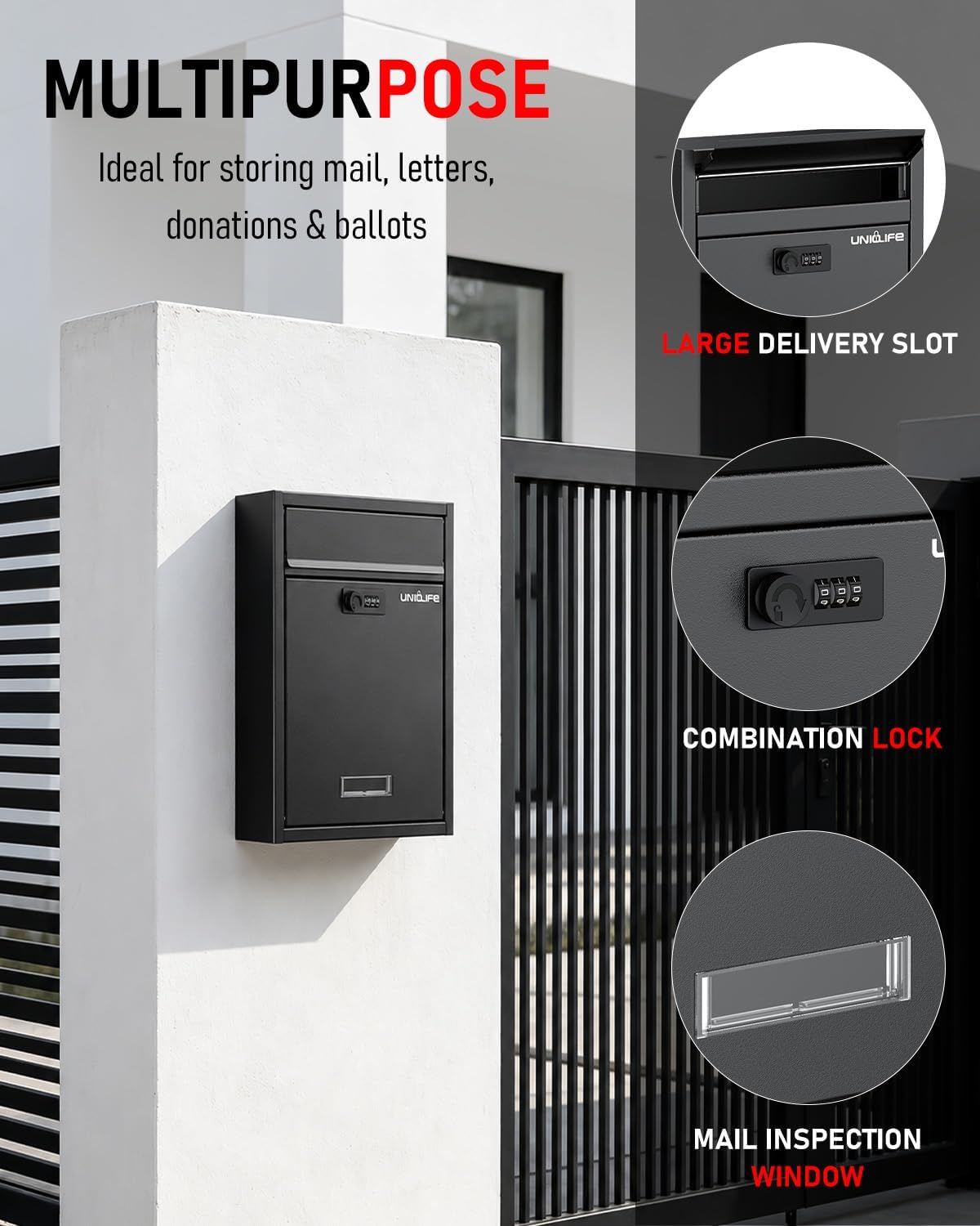 Wall Mount Mailbox for Outside, Large Locking Mailbox, Black | Security Mail Box with Combination Lock, Safe Key Drop
