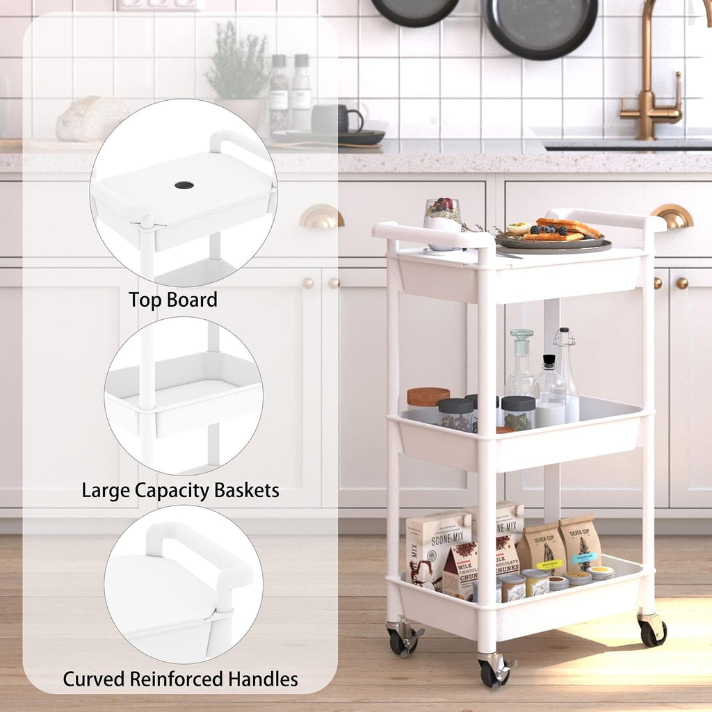 3-Tier Utility Rolling Cart with Cover Top Board, Mobile Utility Cart with Lockable Casters Multi-Functional Storage