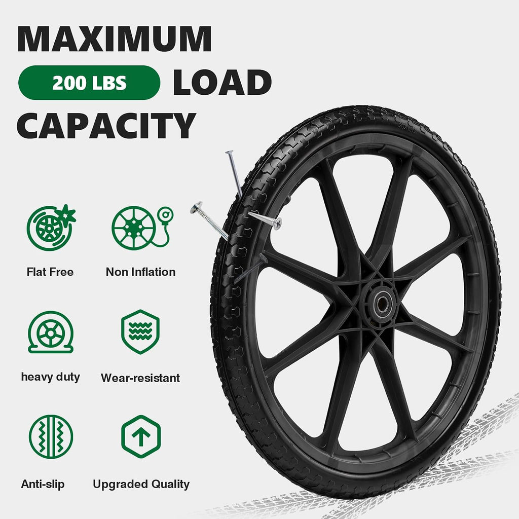 20" Flat Free Tire and Wheel with 3/4" & 5/8" Bearing, Replacement Wheels for Rubbermaid Wheelbarrow,Lawn Carts, Big