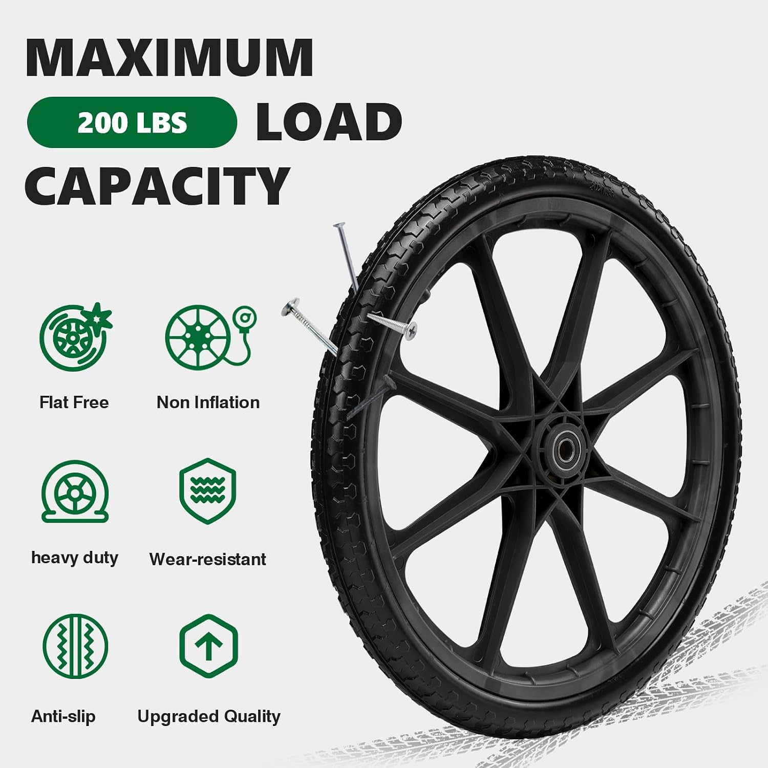 20" Flat Free Tire and Wheel with 3/4" & 5/8" Bearing, Replacement Wheels for Rubbermaid Wheelbarrow,Lawn Carts, Big