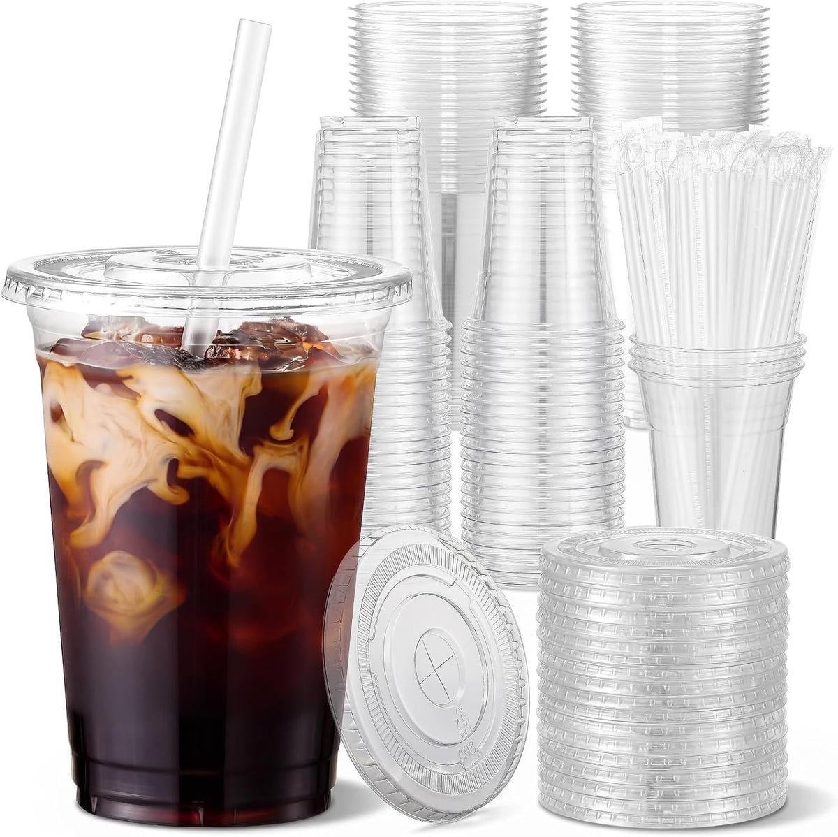 [100 Sets - 16oz] Clear Plastic Cups with Lids and Straws, Disposable Iced Coffee Cups for Smoothie, Milkshake, Cold