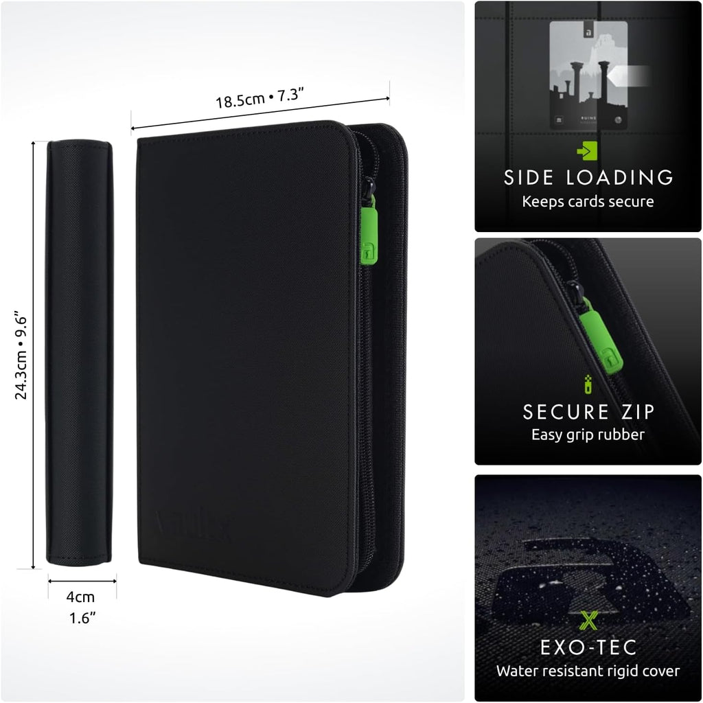 4 Pocket Zip Trading Card Binder 160 Cards Exo-Tec (Black) | Holds 160 standard-size TCG cards in 20 side-loading
