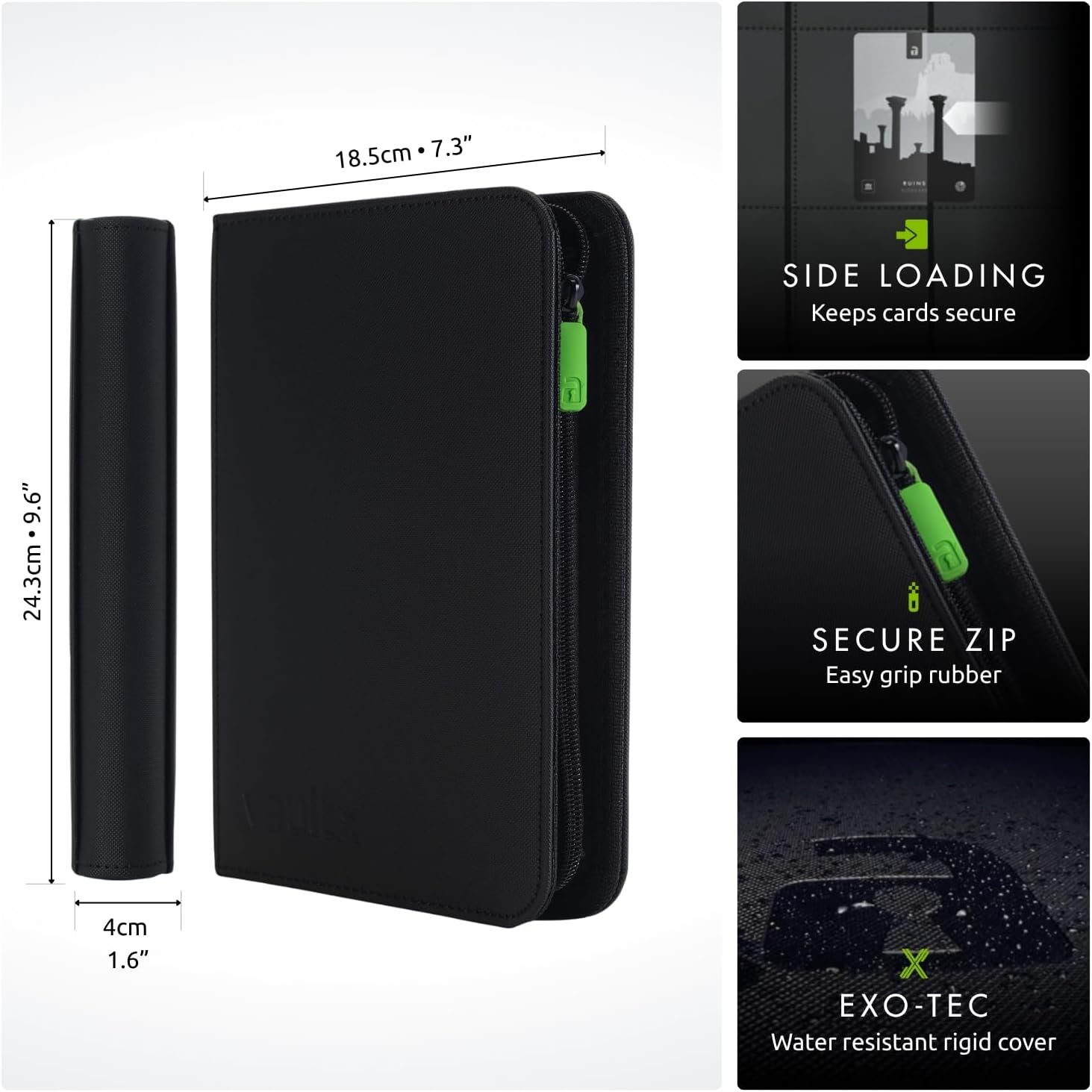 4 Pocket Zip Trading Card Binder 160 Cards Exo-Tec (Black) | Holds 160 standard-size TCG cards in 20 side-loading
