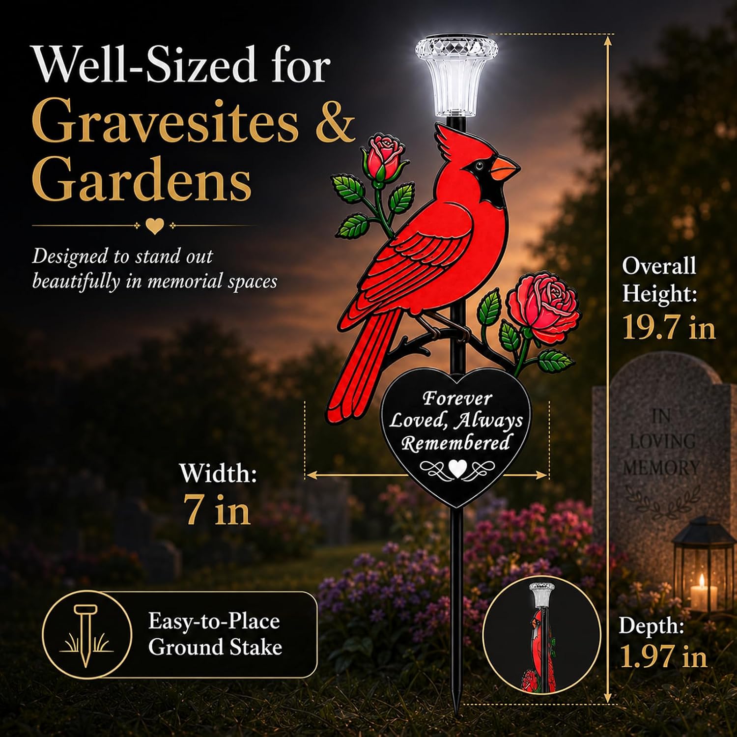 Solar Cardinal Memorial Stake,Metal Cemetery Decoration