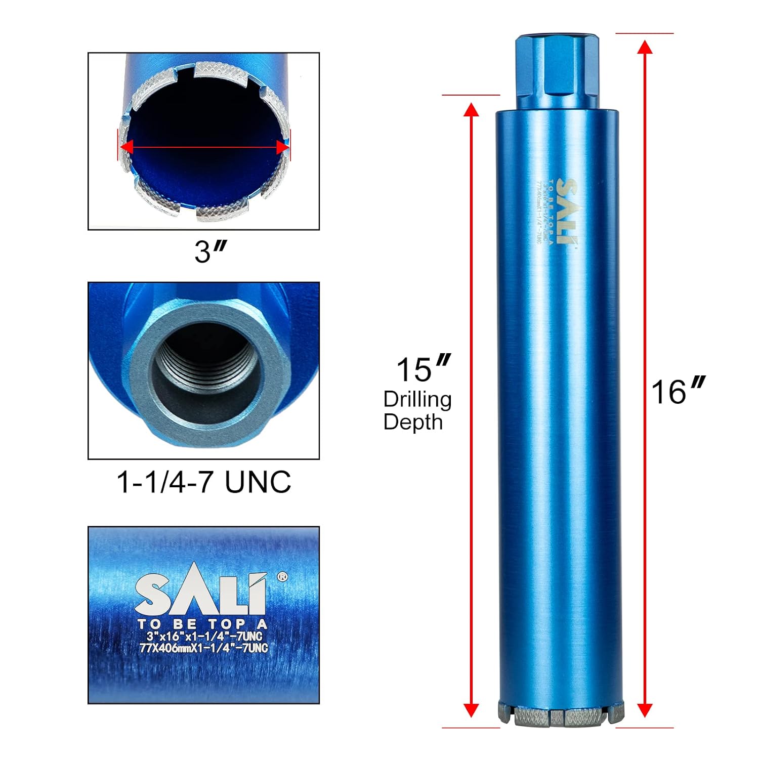Wet Diamond Core Drill Bits 3"/77mm Diameter, 15"/380mm Drilling Depth Concrete Core Drill Bit, 1-1/4-7" Thread Core