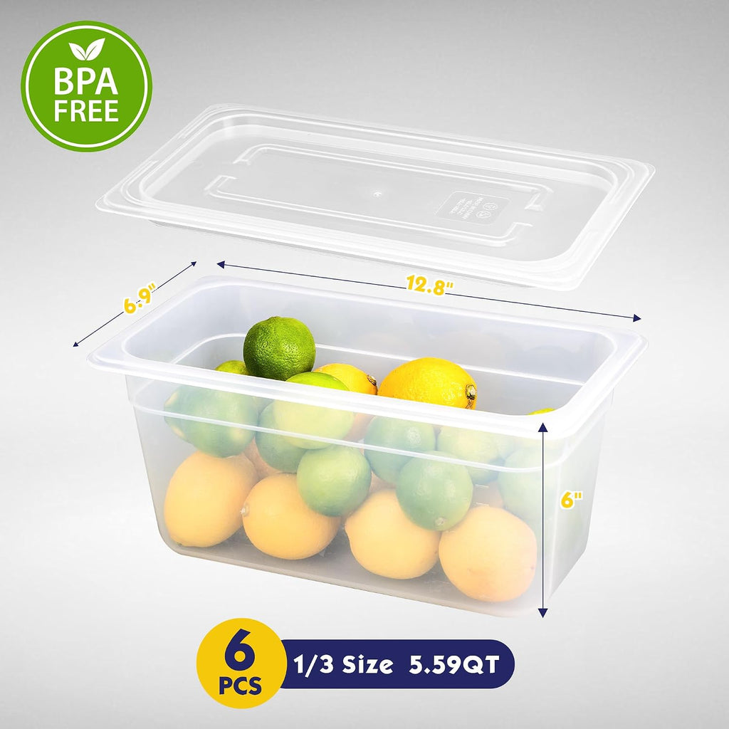 6 Pack 1/3 Size 6" Deep Food Pans with Lids, Translucent