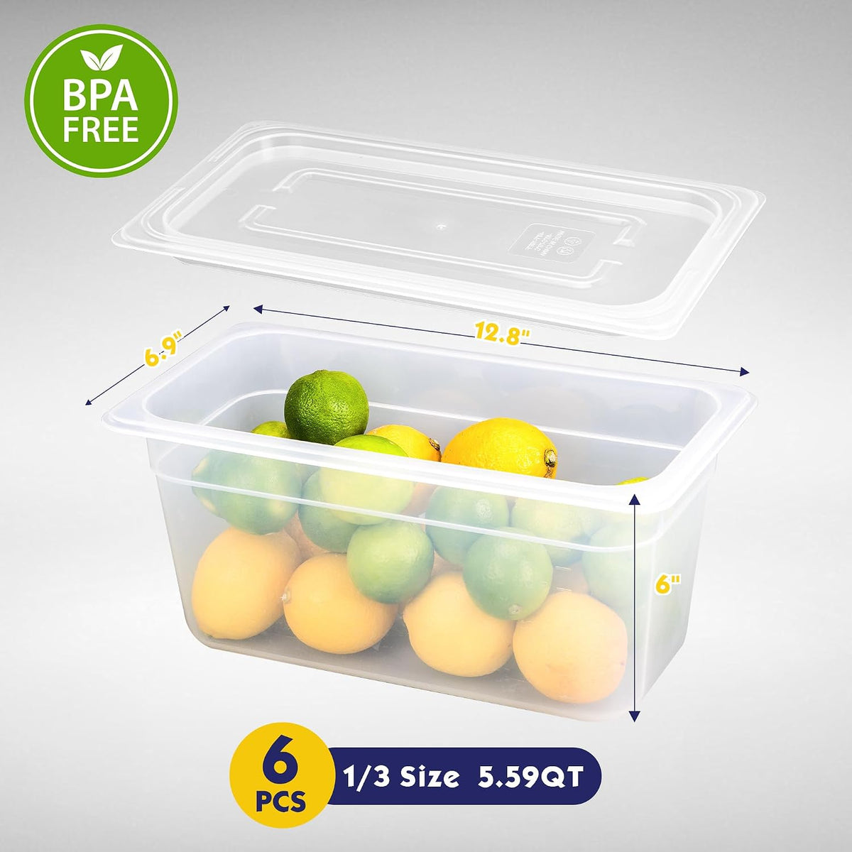 6 Pack 1/3 Size 6" Deep Food Pans with Lids, Translucent