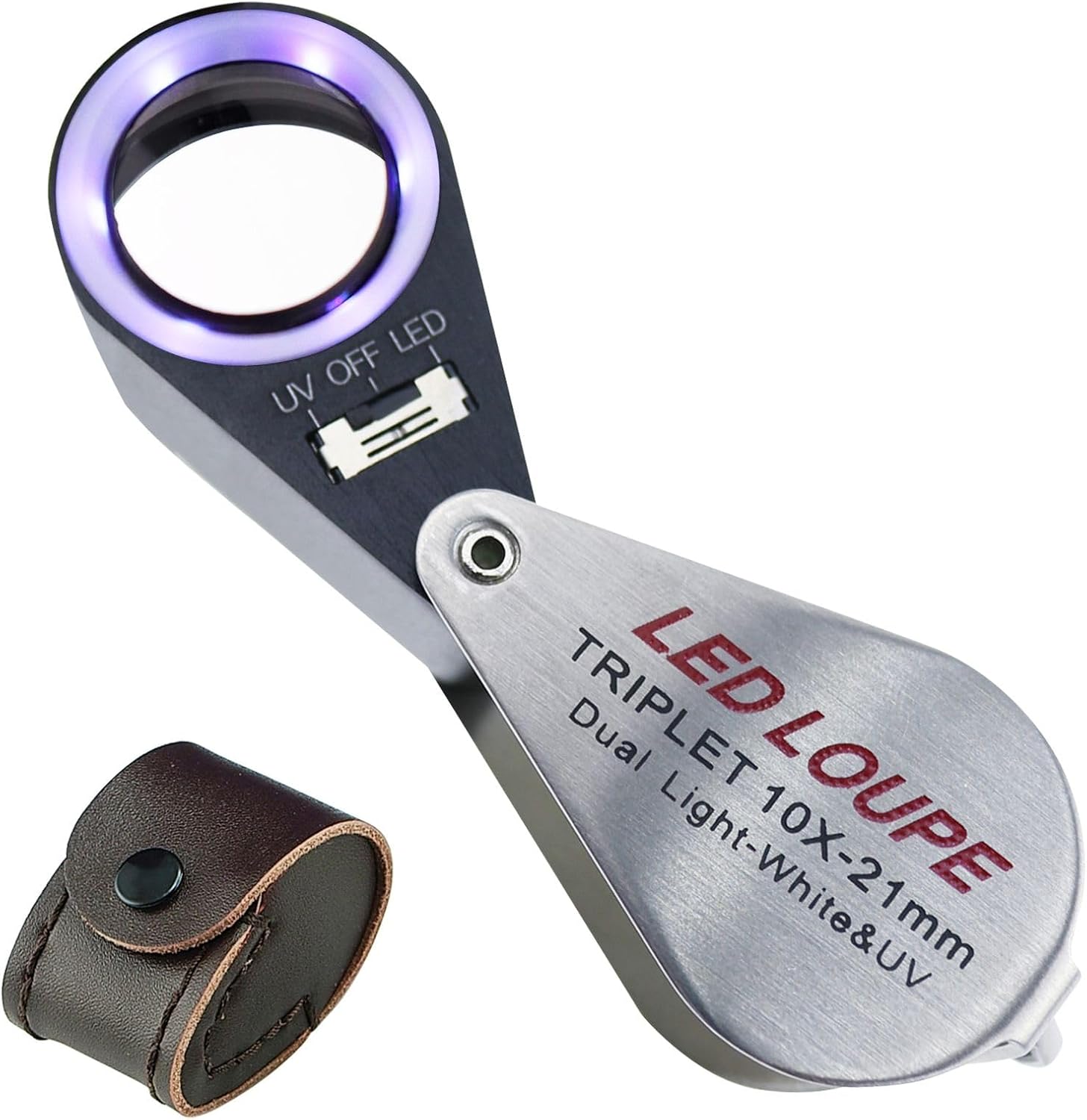 10x Foldable Pocket Magnifier Loupe with UV and LED Light for Jewelry, Rocks, Coins, and Antiques - Illuminated