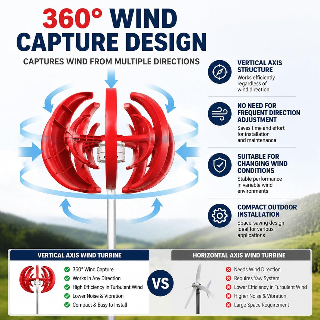 500W Wind Turbine Generator,Low Wind Speed Vertical Design for Home | DN25 Flange Design supports 60mm Tower