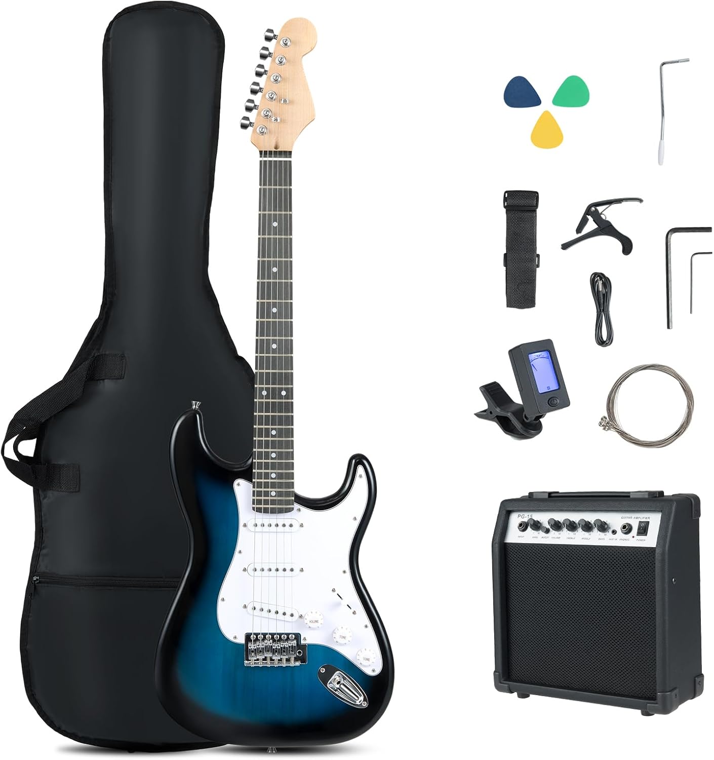 6 String Electric Bass Guitar with AMP, 39” Full Size Beginner Bass Guitar Kit with SSS Pickups, Gig Bag, Strap