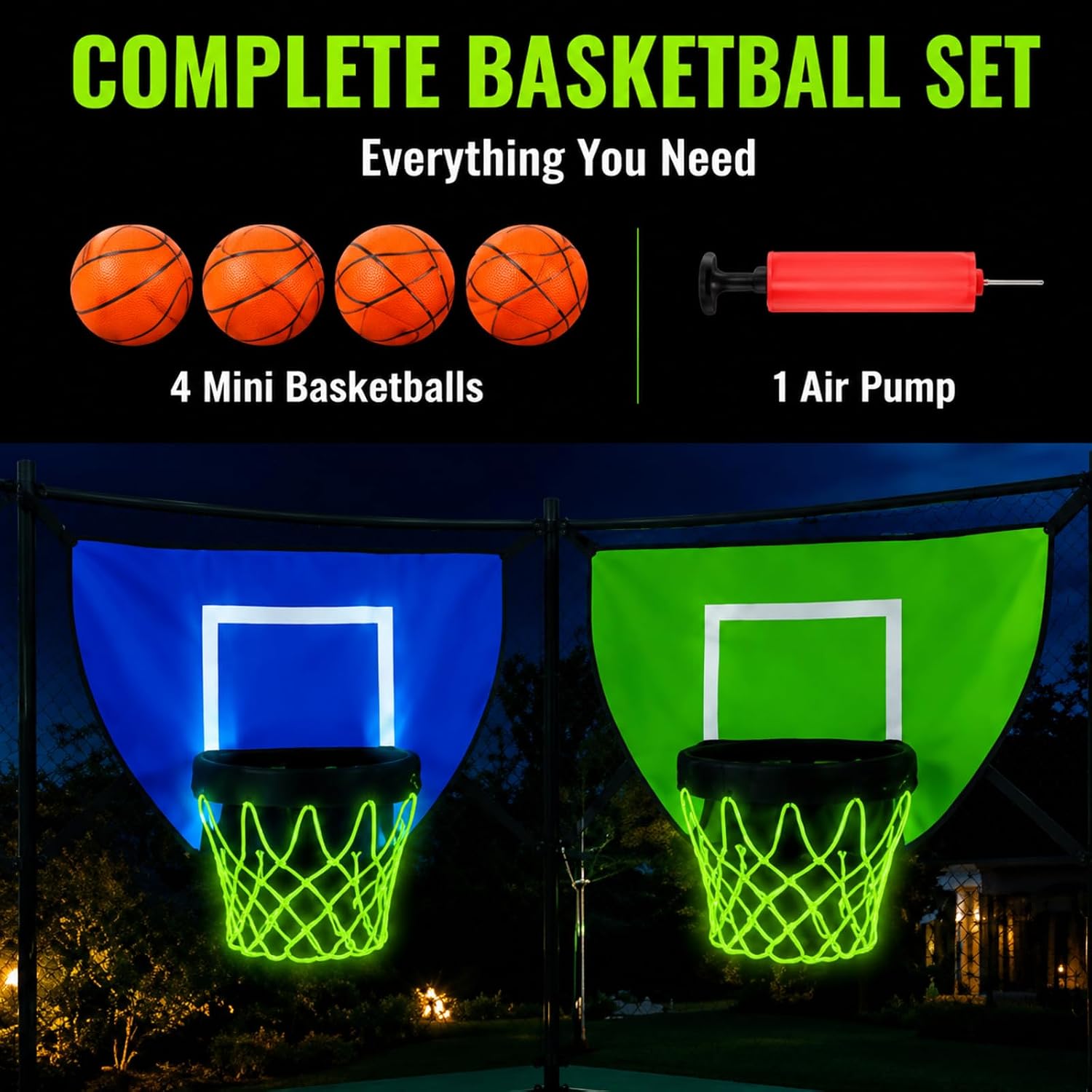 2 Pack Trampoline Basketball Hoop Set Glow in Dark Basketball Net for Adults with 4 Mini Balls and 1 Pump Basketballs