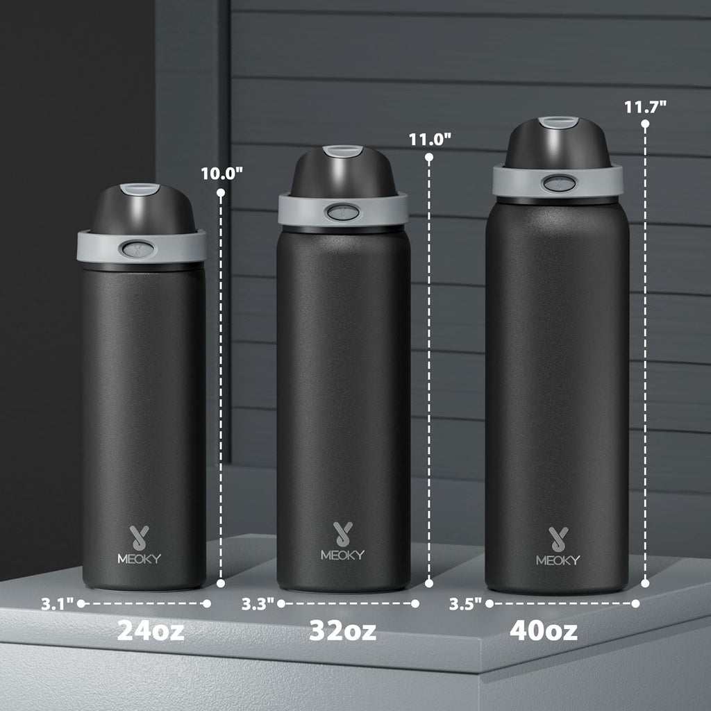 24 oz Insulated Water Bottle for Sports: Meoky Stainless Steel Water Bottle with 2-in-1 Straw and Spout Lid - Leak
