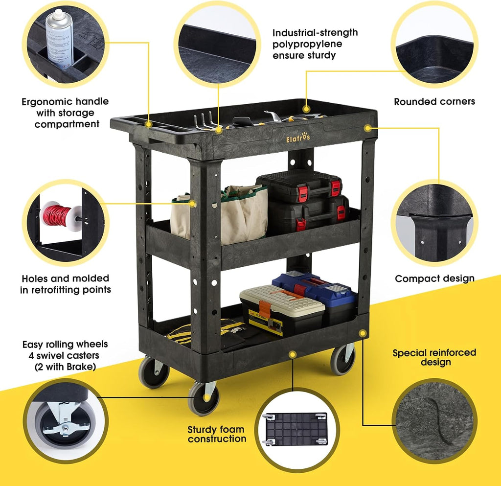 3-Shelf Heavy Duty Plastic Rolling Utility Cart, 34 x 17 x 38.5 in