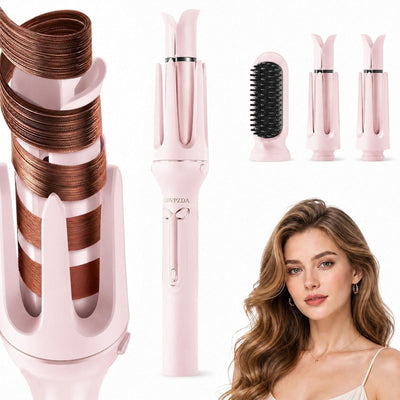 3 in 1 Automatic Curling Iron & Straightening Brush Set with 1" and 1.25" Replaceable Rotating Barrels 4 Temp Auto