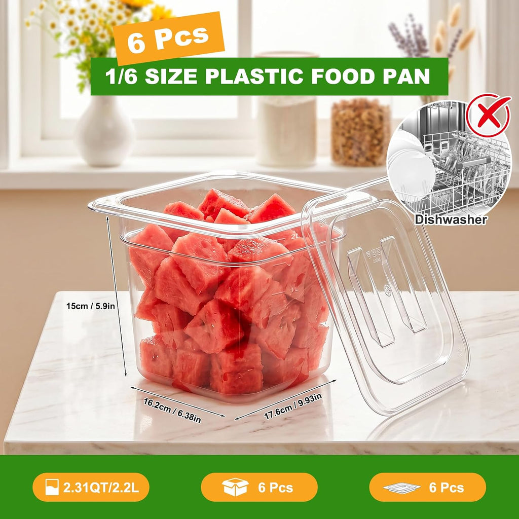 6-Pack 1/6 Size 6''Deep NSF Polycarbonate Food Pans with Lids
