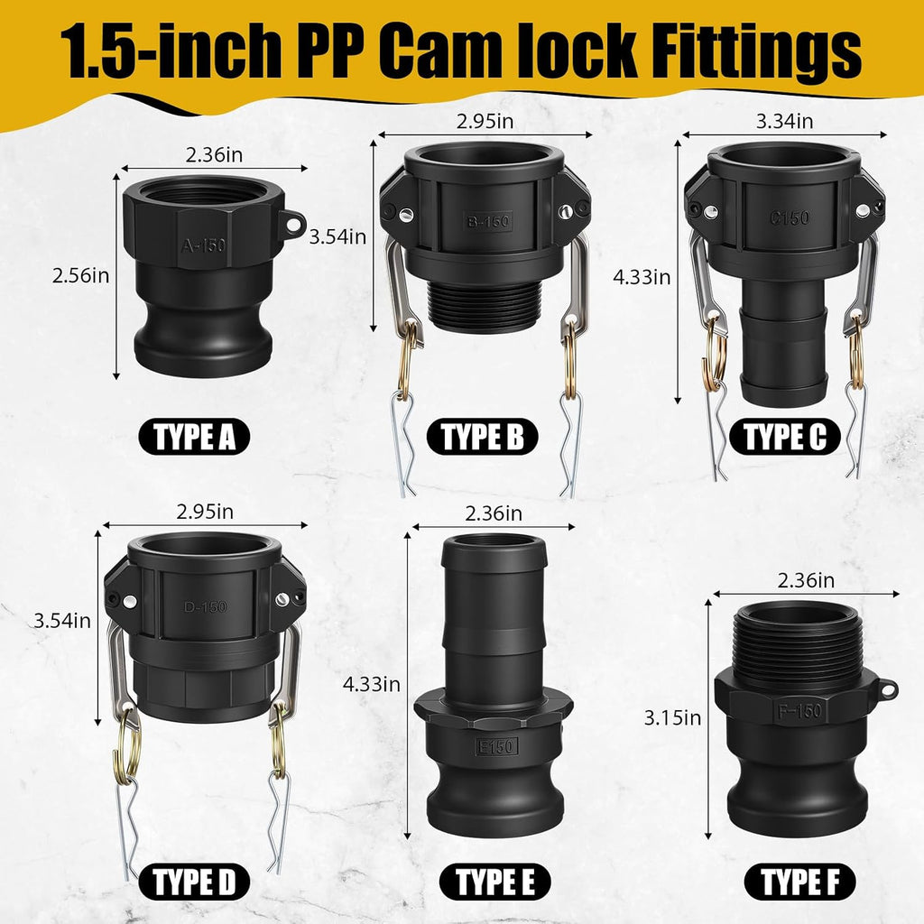Pelopy 6 Pcs 1.5 Inch Black Polypropylene Camlock Fittings, Types ABCDEF