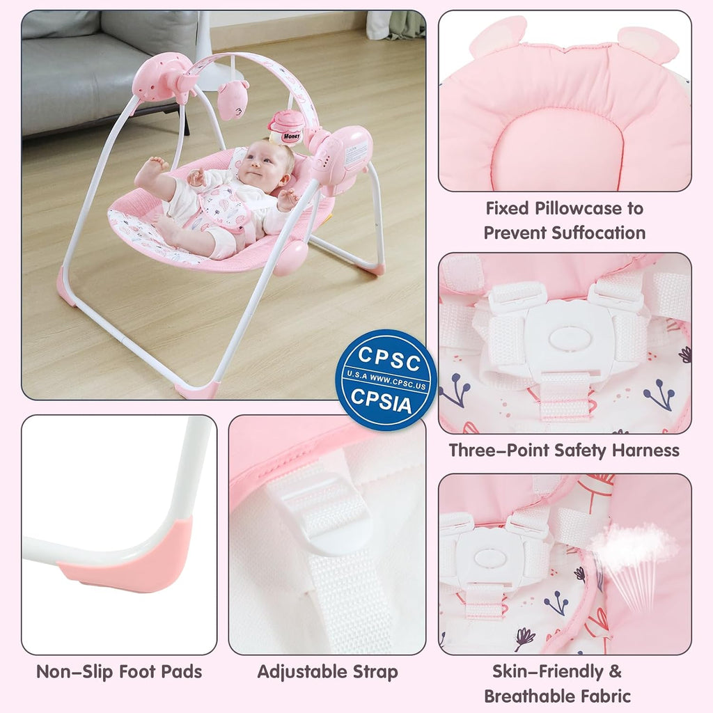 Portable Baby Swing for Infants, Compact & Foldable Infant Swing with 5-Speed Swing,Music, Timer, Cushioned Seat